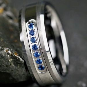 8MM Mens Brushed Silver Tungsten And Stainless Steel Sapphire